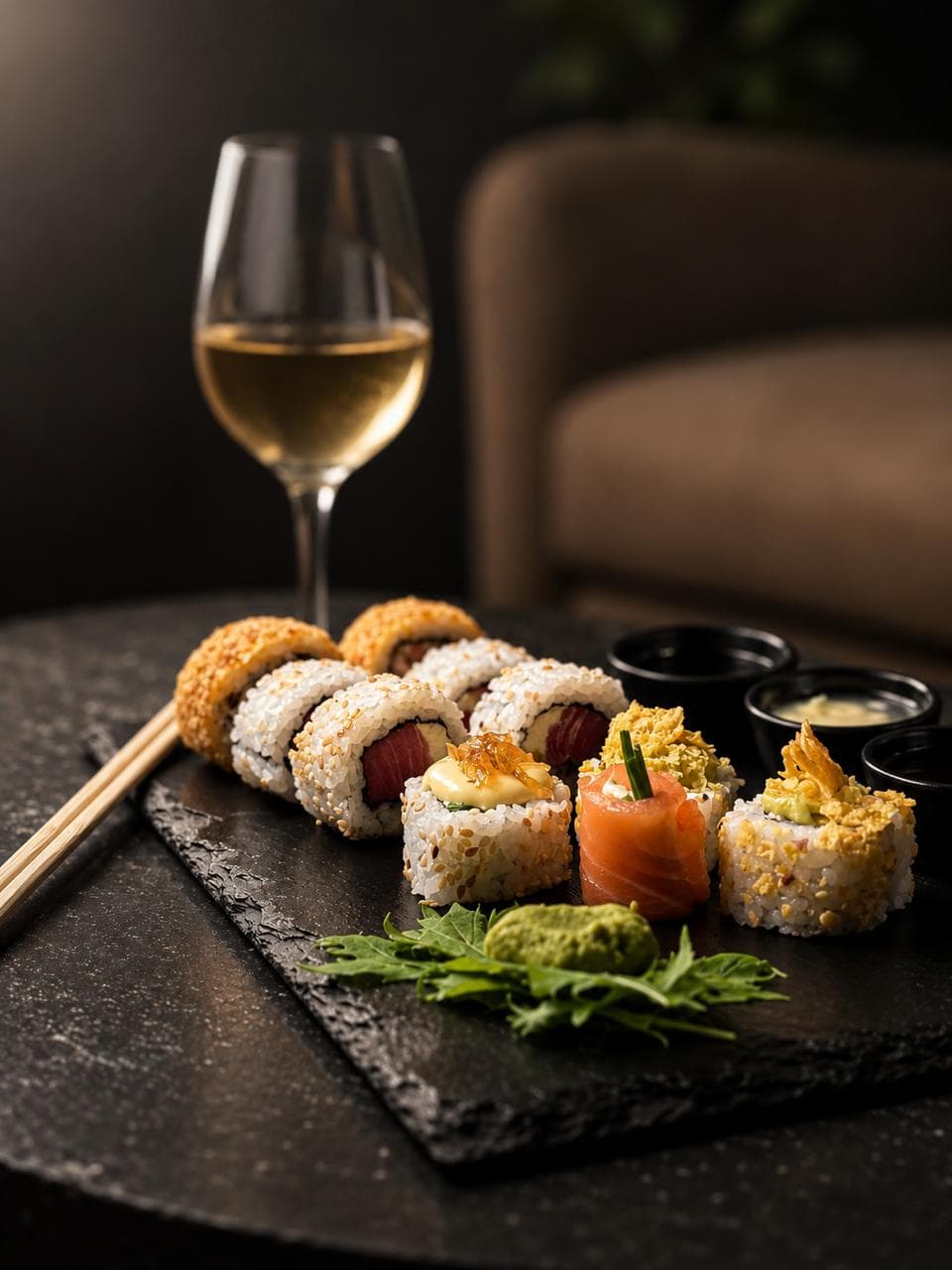 Sushi en barra con copa de vino blanco